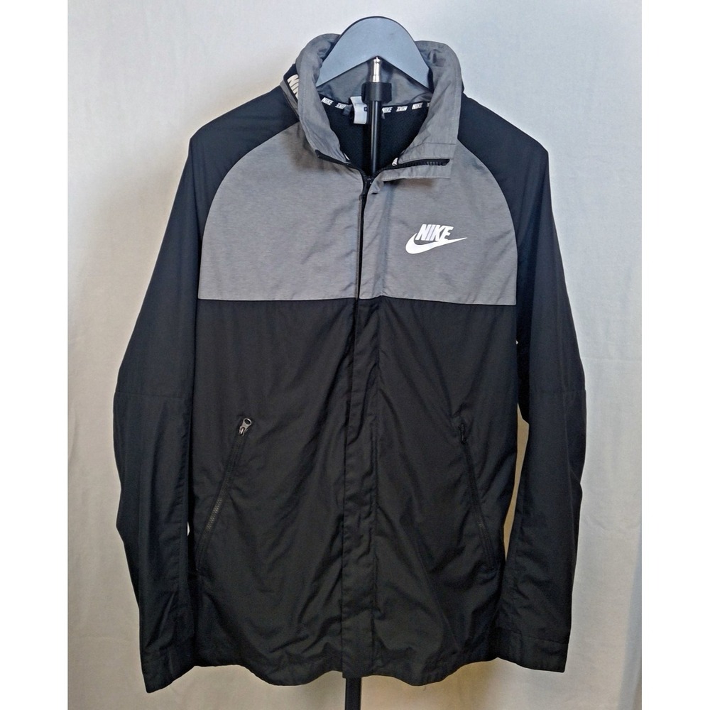 Nike Windbreaker Full Zip Jacket Mens S Spell Out Logo Hidden Hood Black Silver